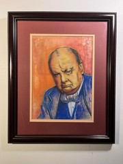 RARE Vintage Mixed Media Pastel Watercolor Pencils Portrait of Winston Churchill