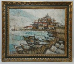 LISTED JUNE CUTLER Sd ORIGINAL O/B AMALFI COAST SHORELINE ITALIAN TOWN FRAMED