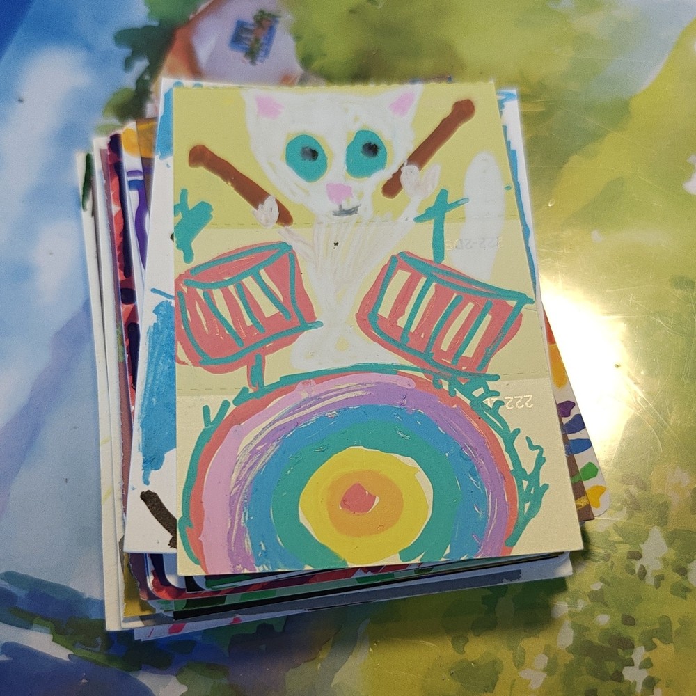 ACEO by Emily Meinert cat drums colorful animals music musical instruments