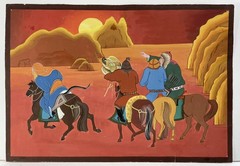 Antique Mongolian Landscape Hunting Falconry Horse ￼ZURAG Gouache Painting