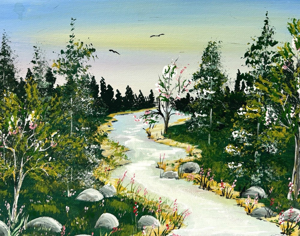 Original Oil Painting River or Stream Scene Landscape Floral Trees 12×9 Unframed