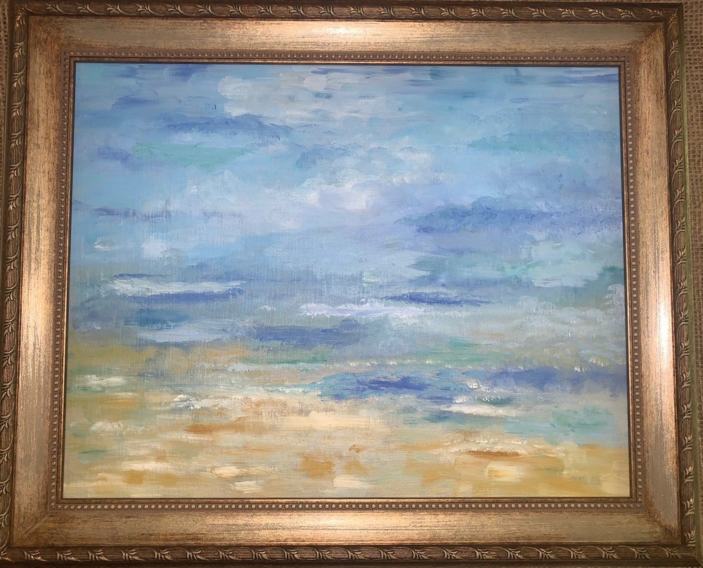 Modern Beach Scene Oceanscape Impressionistic 13.5”T 16.5”W (11×14)Framed Canvas