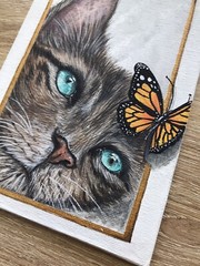 Original Cat Butterfly Acrylic Painting 5” by 7” Canvas Panel