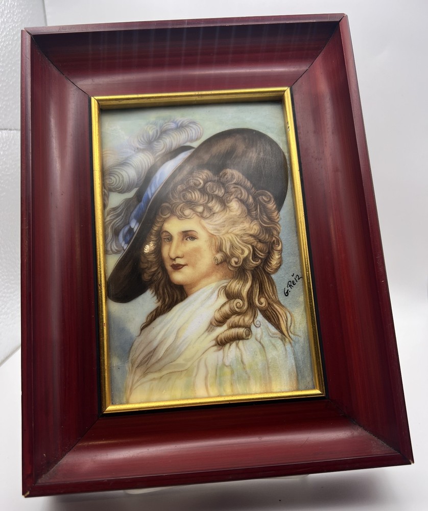 Vintage Baroque-Style Porcelain Portrait Painting – Woman in White