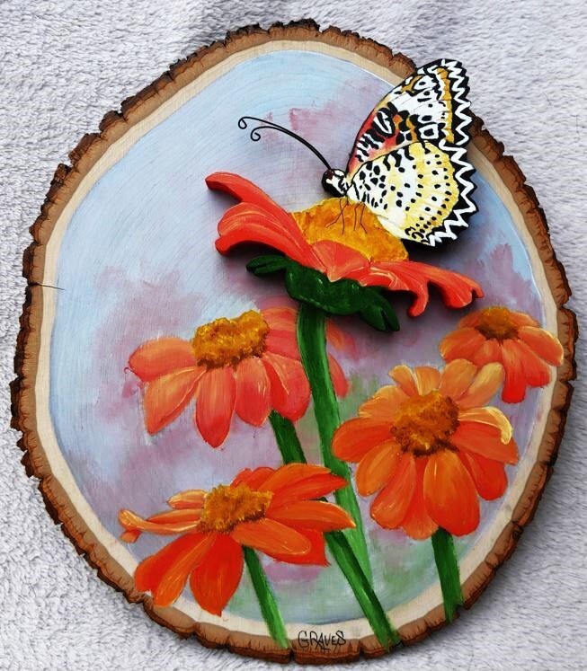 Hand Painted Butterfly & Orange Daisy Wood Cut-Out By Phyllis