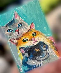 ACEO Original Painting – Cat Stack – Mixed Media, Cat Art, Fun
