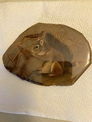 Vintage Hand Painted Animals on Stone Agate Slab Signed Heather Haynes McGee EUC