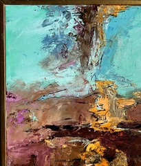 ABSTRACT MODERNIST LANDSCAPE PAINTING W/ GOLD LEAF SIGNED DIANA MULDER? 24″