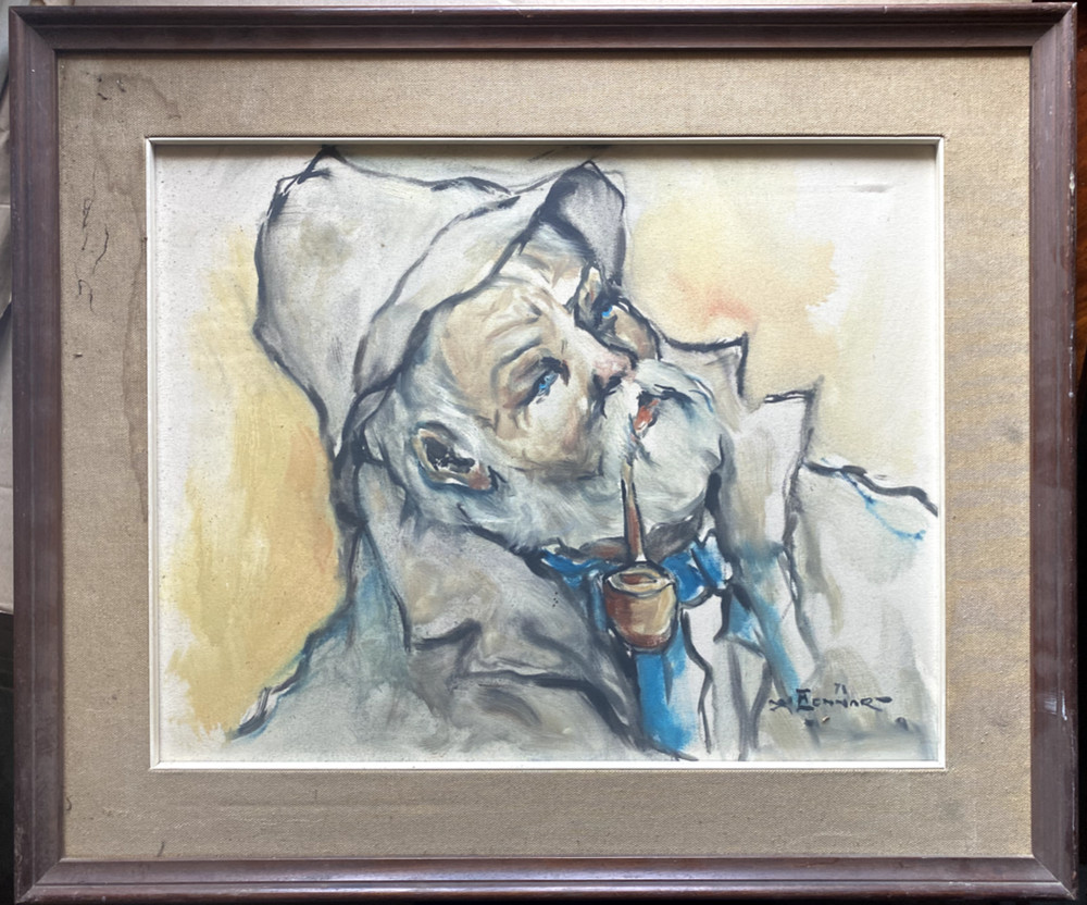 Signed Oil Painting 1971 Of An Old Man With Pipe And Hat
