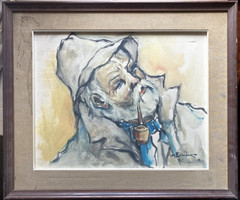 Signed Oil Painting 1971 Of An Old Man With Pipe And Hat