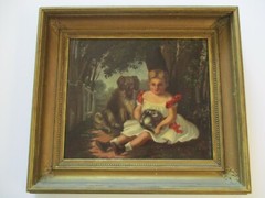 ANTIQUE 19TH CENTURY OIL PAINTING CHILD ANIMALS DOG CURLED UP KITTY CAT 1840’S