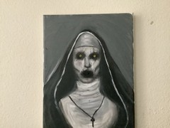 Original Horror Art Gothic Nun Painting Yellow Glowing Eyes Halloween 11.5 Inch