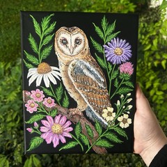 8×10 Original Owl And Wildflowers Acrylic Markers Painting On Canvas