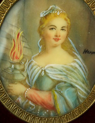 Lot Group 4 miniature paintings portrait lady Hermi Says bronze frame bas-relief