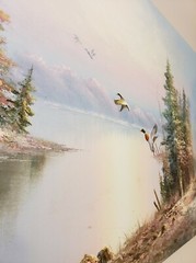 Oil on Canvas Flying Ducks by the Lake by the Forest. Unsigned