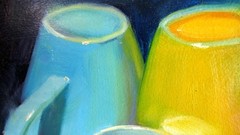 Original Still Life Oil Painting Cups Blue Yellow Kitchen Mug Art Board Sign 8×8