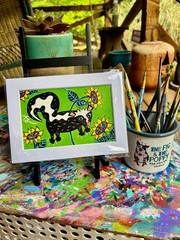 Original folk art painting whimsical skunk sunflowers outsider primitive 4x6in