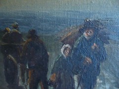R. HAIL, EUROPEAN SCHOOL ANTIQUE OLD OIL PAINTING MOODY LANDSCAPE FIGURES SUNSET