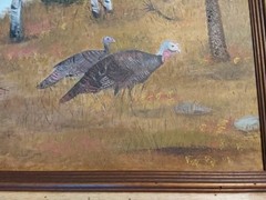 Vintage Oil Painting On Canvas Turkeys In Forest Signed Framed 28.25″ X 22.25″