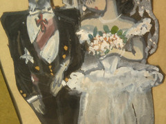 Unique whimsical vintage cut out gouache painting of Edwardian married couple