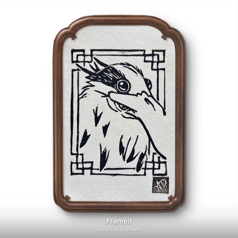 Original Boy And The Heron 2 Linocut Hand Printed by Dyer- Mini Art 4×6 in. Bird