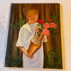 Girl with flowers Young woman portrait original painting Vintage 90s roses