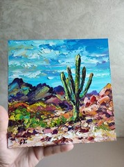 Original oil painting Arizona Cactus Saguaro artwork Landscape wall art 8*8 in