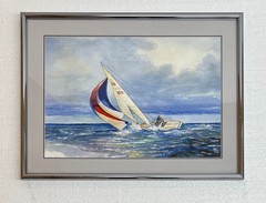Vintage Racing Sloop Spinnaker Sail Boat Signed WC OZ Watercolor Art Painting