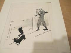 Wayne Smith Original Skunk & Soldier Illustration Ink Wash Matted Black, Grey