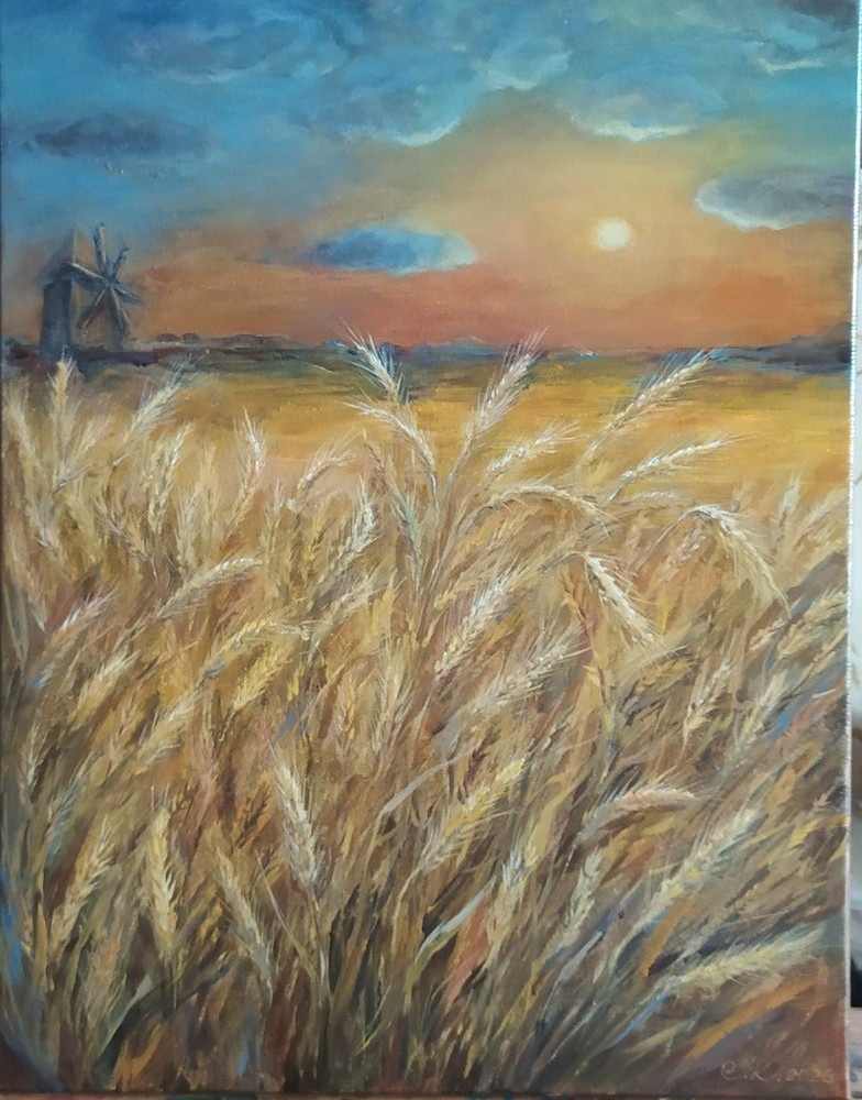 art 812 original Acrylic painting Landscape Wheat Field 18х14 in /45×35 cm natur