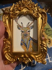 Deer, Original Painting On Paper,4/5,framed,gold,miniature,small,mini,cute