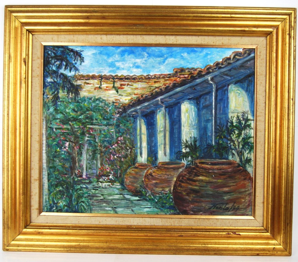 Original Hecto Vidal Oil Painting Tinajones, Colonial Patio Camaguey, Cuba 20×16