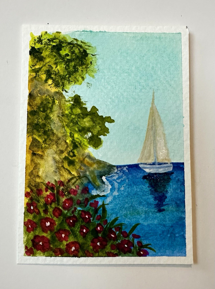 ACEO OriginalImpressionist Watercolor Seascape Sailboat Flowers Paper Unframed