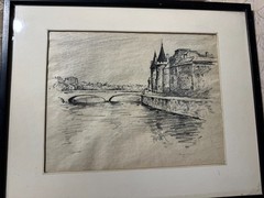 Dines Carlsen (1901 – 1966) „Palais de Justice From Pont Neuf“ Charcoal Drawing