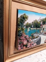 3D Embellished Ceramic Painting Canvas Coastal Portofino Framed 20×24″ Vintage