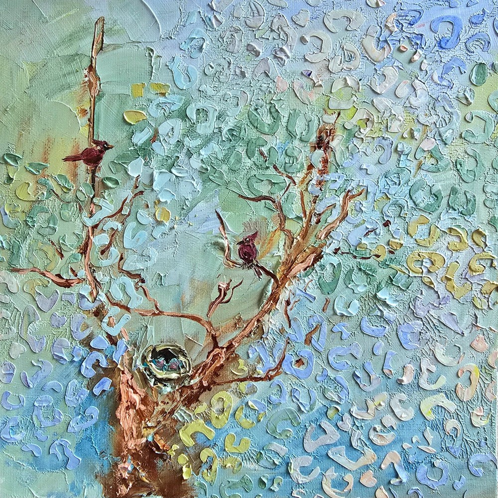 Birds Nest Abstract Oil Painting 25x25cm Landscape Original Painting on Painting Board
