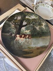 Hand Painted Wood Collector Plate Round Multicolor Cows Landscape Scene