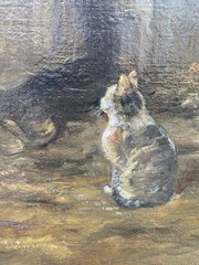 Antique Dutch Interior Genre Oil Painting Woman Hearth Cat Scene Signed