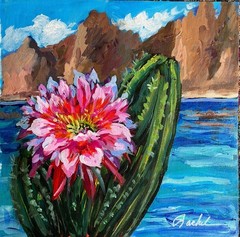 12×12 Acrylic Original Painting Cactus Flowers On Unstretched Canvas