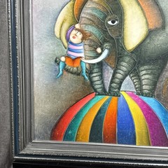 J. Roybal Signed „Elephant on Balloon with Child“ Canvas Brown Frame 24″ x 29″