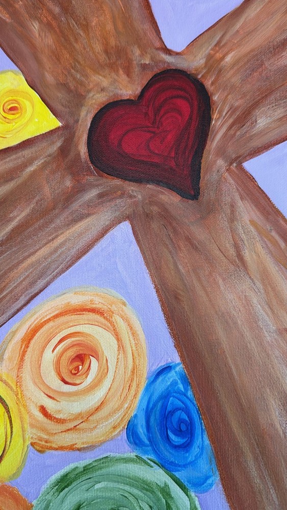 Original Cross with Heart & Roses Acrylic Painting | Faith Folk Art 16×20 Canvas