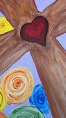 Original Cross with Heart & Roses Acrylic Painting | Faith Folk Art 16×20 Canvas