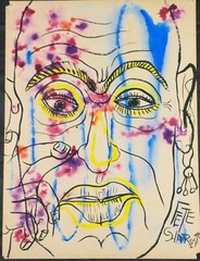 Unsigned Ink and Gouache Watercolor Modernist Portrait Painting