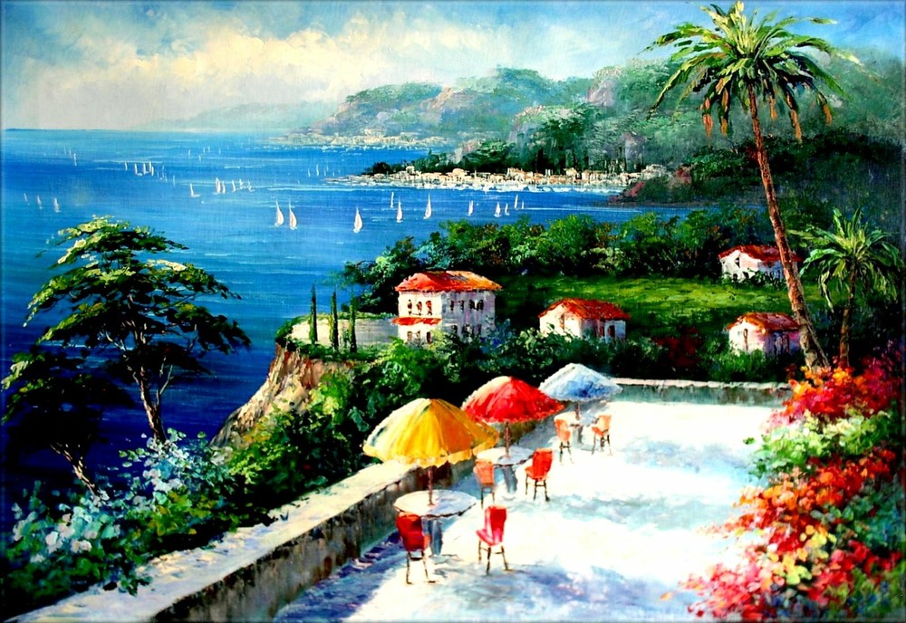 Stretched, Mediterranean Seascape View IX, Hand Painted Oil Painting 24x36in