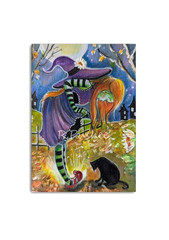 ACEO… ORIGINAL Festive Witch, fall leaves, Moon, cat…Cute