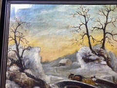 Large Antique „Winter Landscape With Figures Scene“ Oil Painting – Signed/Framed