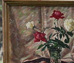 Oil Painting, Signed Erich Säuberlich – Still Life With Roses & Peaches – Framed