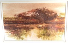 SEPIA MONOCHROME WATERCOLOR BY STAN DUDEK, ILLINOIS, COUNTRY LAKE, WOODLAND BOAT