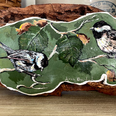VTG Hand Painted Black Capped Chickadees on Conk Mushroom Rustic Bird Art Signed
