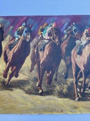 LARGE HORSE RACE PAINTING TRACK JOCKEY 48 INCHES IMPRESSIONISM AMERICAN LISTED